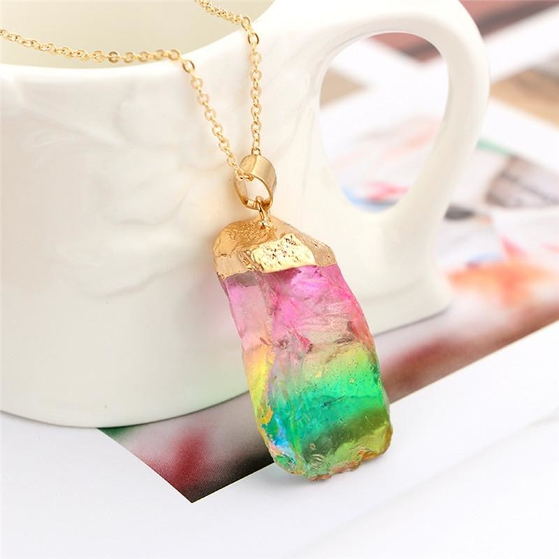 Rainbow Stone Natural Crystal Rock Necklace Gold Plated Quartz