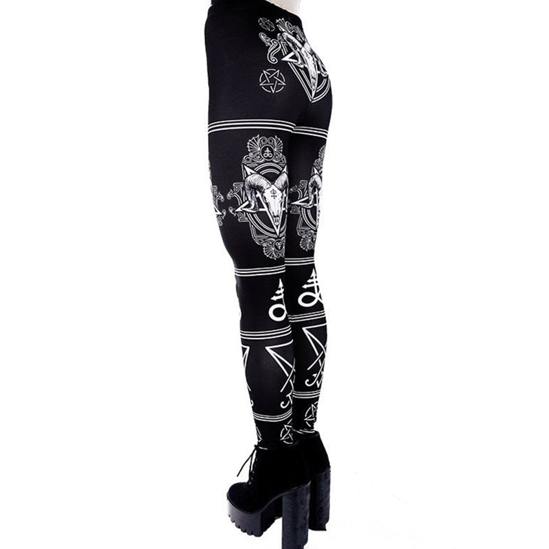 Ram skull and pentagram print leggings in Black, shown in profile.