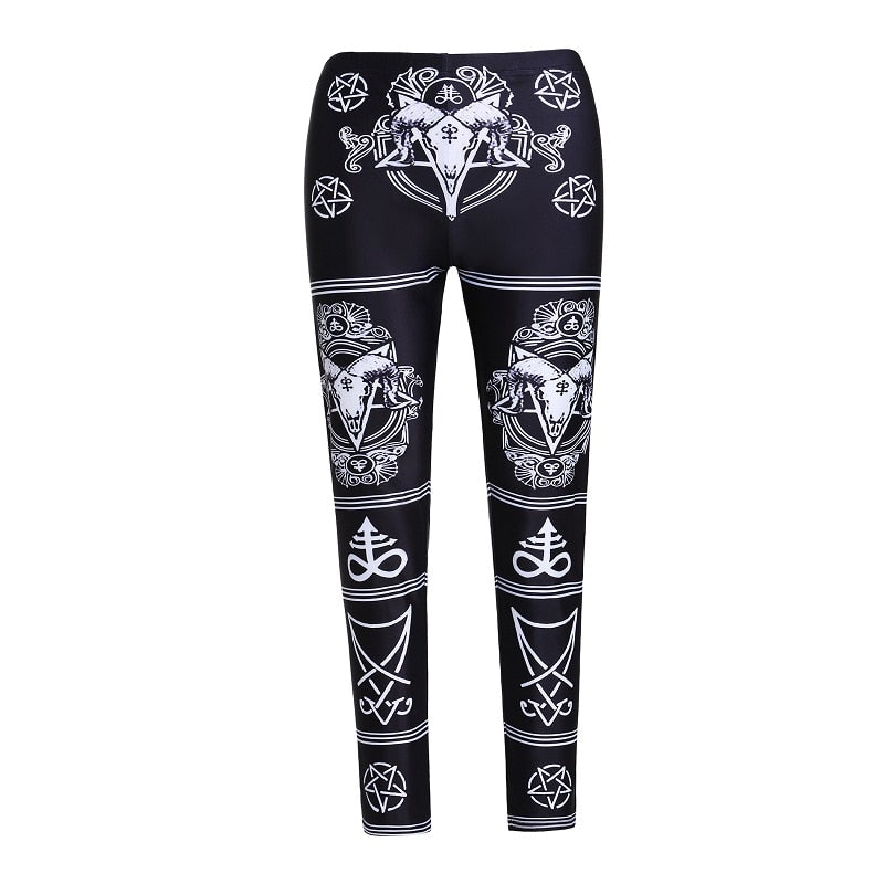 Ram skull and pentagram print leggings in Black, displayed flat from the front.