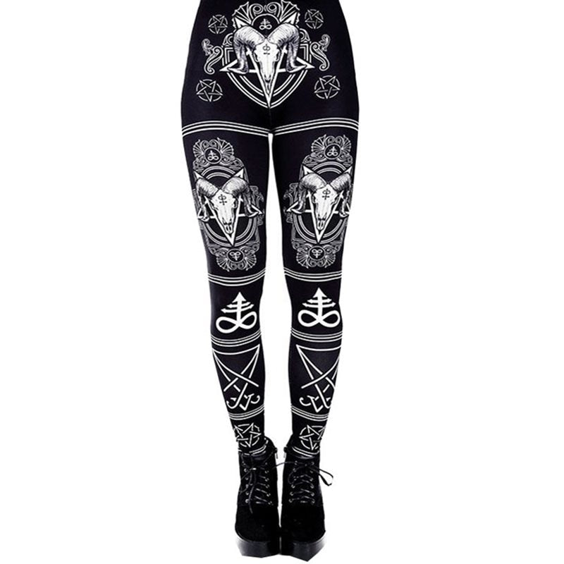 Ram skull and pentagram print leggings in Black, shown in a second front leg view.