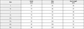 Ram skull and pentagram print leggings size chart showing S through 5XL waist, hip and length measurements in centimeters.