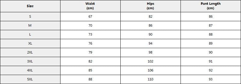 Ram skull and pentagram print leggings size chart showing S through 5XL waist, hip and length measurements in centimeters.