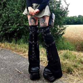 Black buckle leg warmers front close-up