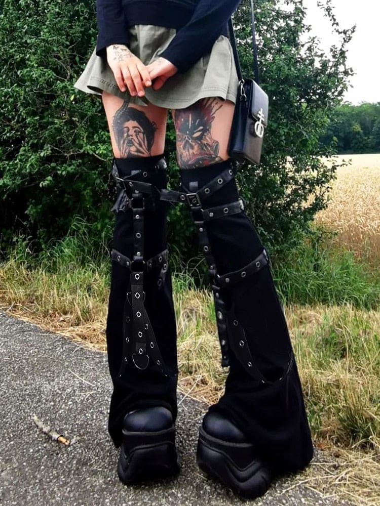 Black buckle leg warmers front worn