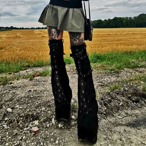 Black flared leg warmers angled view
