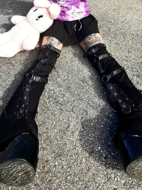 Black buckle leg warmers seated outfit