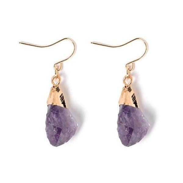 Pair of rough purple amethyst drop earrings with gold-tone caps and curved hooks.