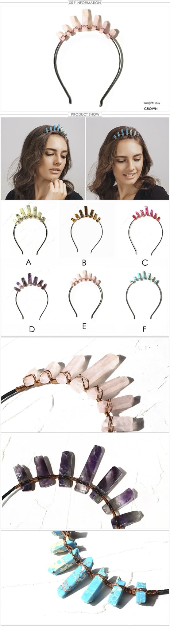 Crystal tiara reference collage showing six colour options, the open headband, worn turquoise examples and close-ups of copper wrapping. A weight label reads 55g.