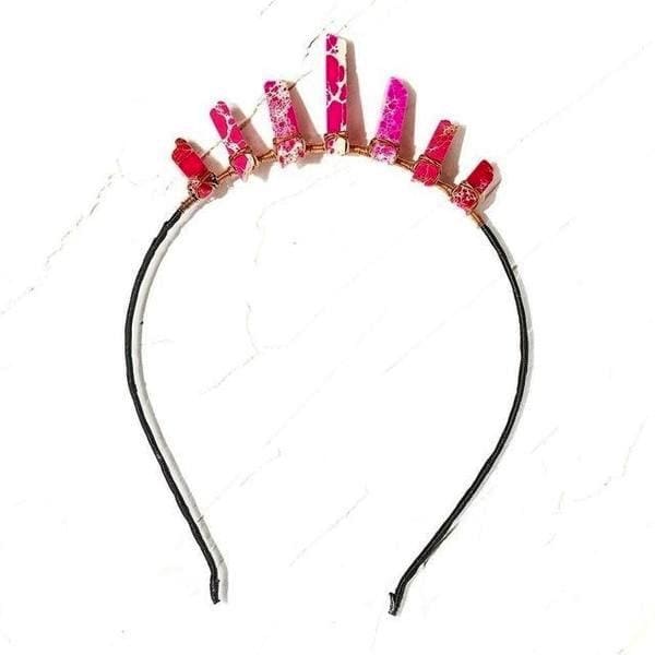 Pink Tourmaline tiara option with bright magenta and pale patterned points, hand-wrapped with copper wire.