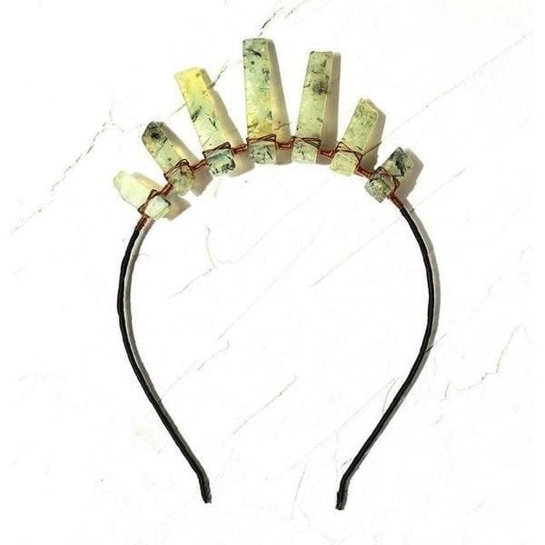 Smoky quartz tiara with pale earthy translucent points of varied heights along a dark headband.
