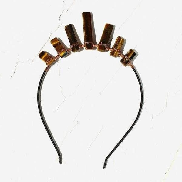 Tiger's eye tiara with brown and golden-banded points, copper wrapping and a simple dark band.