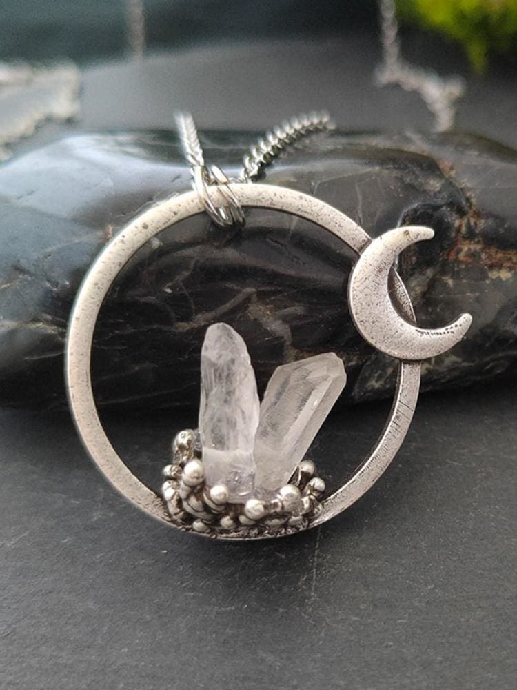 Raw Quartz Moon Pendant Necklace - necklace