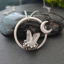 Raw Quartz Moon Pendant Necklace - Silver - necklace