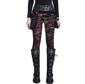 Red-and-black destroyed punk skinny pants shown from the front, with ragged horizontal openings and red markings. Styled with black belts, side bags and tall buckled boots.
