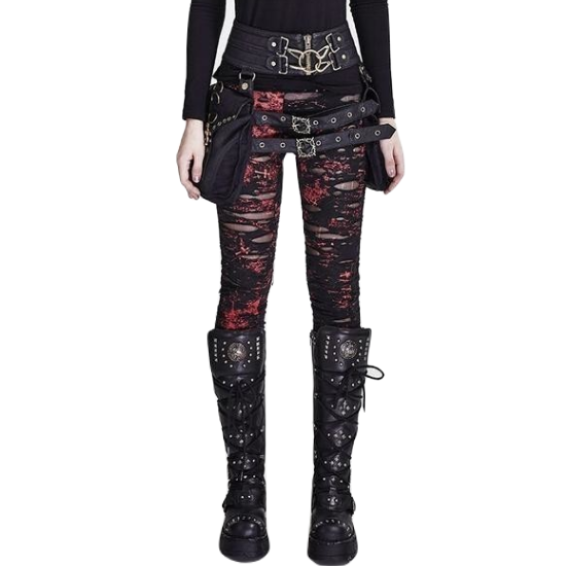 Red-and-black destroyed punk skinny pants shown from the front, with ragged horizontal openings and red markings. Styled with black belts, side bags and tall buckled boots.