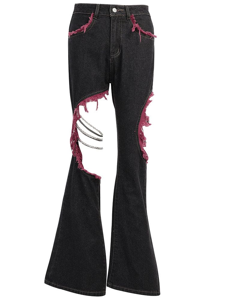 Red and black distressed flare jeans isolated against white, showing asymmetric leg openings, draped chains and wide hems.