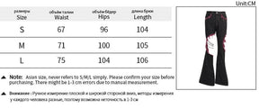 Size chart for the red and black distressed jeans, listing S, M and L waist, hip and length measurements in centimetres.