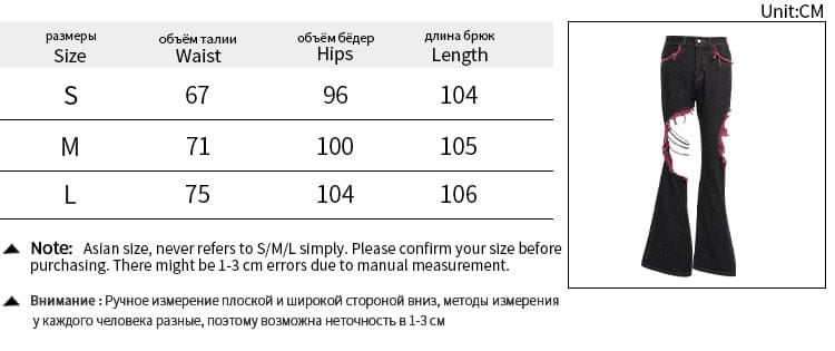 Size chart for the red and black distressed jeans, listing S, M and L waist, hip and length measurements in centimetres.