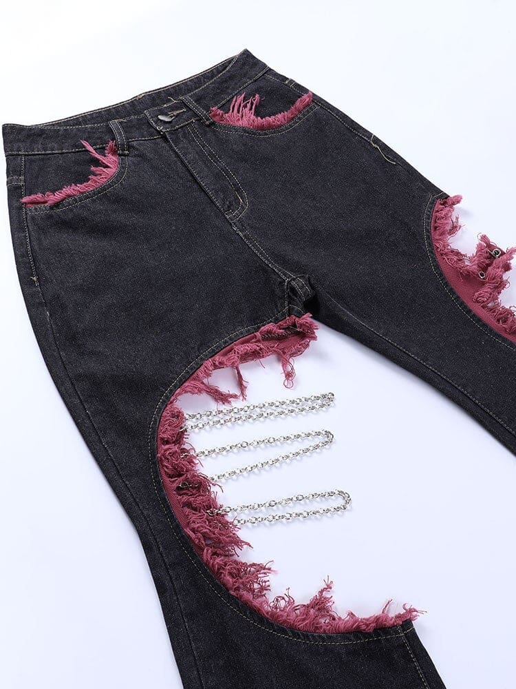 Red & Black Distressed Y2K Jeans - jeans 90s, denim, jeans, pants, retro Pants