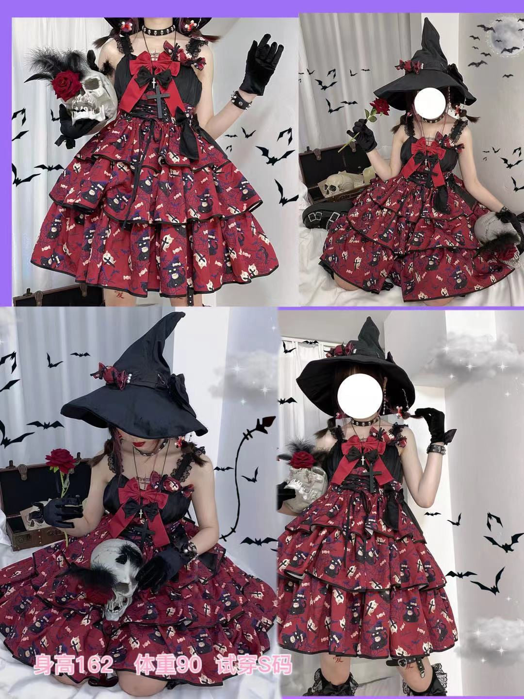 Collage of the red tiered Halloween dress styled with a black pointed hat, combining full and closer outfit views with overlaid model-size text.