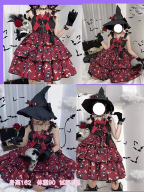 Collage of the red tiered Halloween dress styled with a black pointed hat, combining full and closer outfit views with overlaid model-size text.