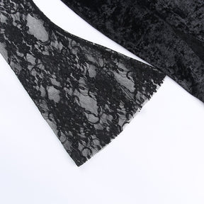 Black floral lace bell sleeve laid flat, showing its sheer pattern and flared cuff.