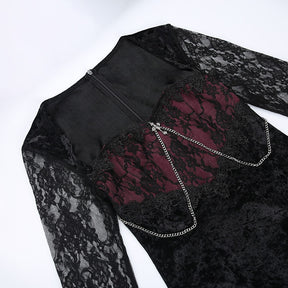 Red Moon dress laid flat, showing the red chest panel, scalloped black trim and silver-tone chain loops.
