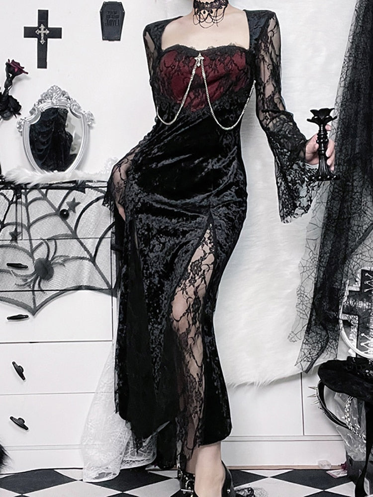 Red Moon dress styled beside gothic decor, with a candlestick held in one hand and lace skirt panels visible.