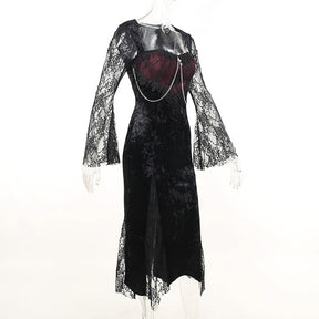 Angled view of the Red Moon dress on a transparent mannequin, highlighting the fitted waist and sheer lace cuffs.