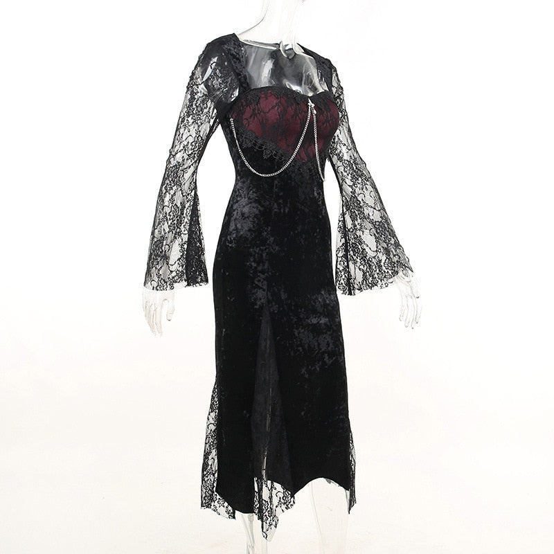 Angled view of the Red Moon dress on a transparent mannequin, highlighting the fitted waist and sheer lace cuffs.