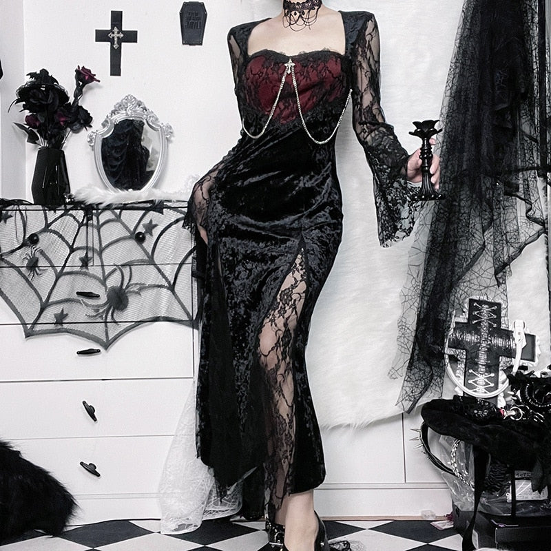 Full outfit view showing the Red Moon dress's lace skirt inserts beside a white dresser and dark decorations.