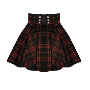 Red plaid mini skirt displayed alone, showing the wide lace-up waistband and flared shape.