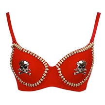 Gothic embellished bra in Red with skull-and-crossbones accents and jewel-like trim.