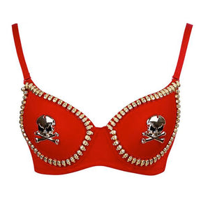 Gothic embellished bra in Red with skull-and-crossbones accents and jewel-like trim.