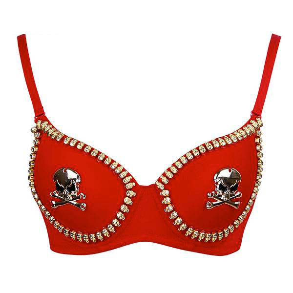 Gothic embellished bra in Red with skull-and-crossbones accents and jewel-like trim.