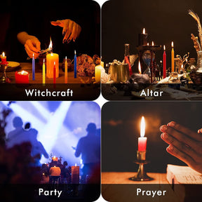 Candle display collage showing witchcraft, altar, party and prayer settings, with coloured candles arranged among decorative props.