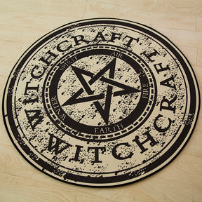 Witchcraft rug lying flat in a warmly lit room, with its circular border and star pattern unobstructed.