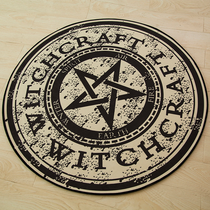 Witchcraft rug lying flat in a warmly lit room, with its circular border and star pattern unobstructed.