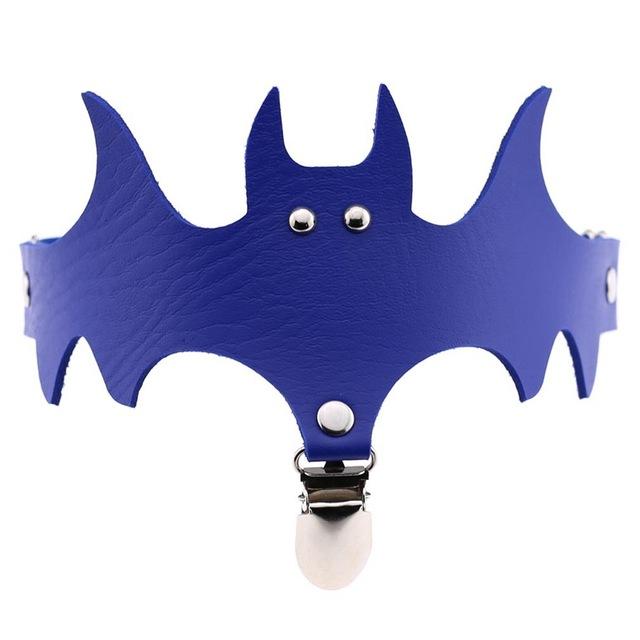 Royal blue bat-shaped garter with pointed ears, extended wings and a silver-tone stocking clip.