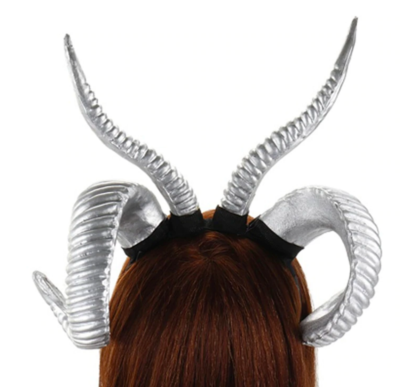Demon horn headband in Plain Silver, showing tall upper horns and curled side horns.