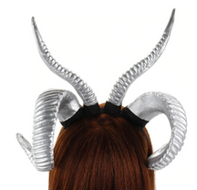 Demon horn headband in Plain Silver, showing tall upper horns and curled side horns.