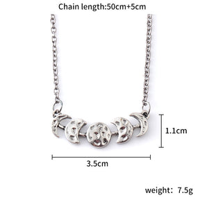 Silver-tone moon phase necklace measurement guide showing a 50cm chain, 5cm extender and 3.5cm by 1.1cm centerpiece.