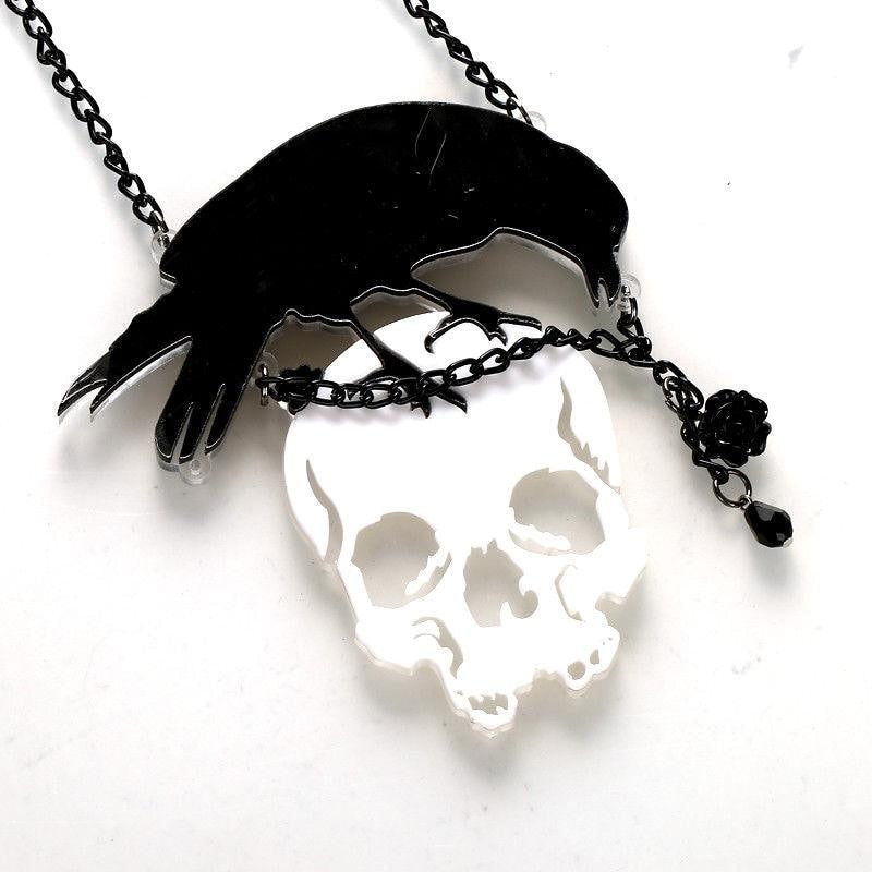Black Crow Raven Skull Pendant necklace Statement Jewelry Creepy Spooky Goth Accessories 