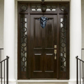 Skull ring knocker on dark wood door