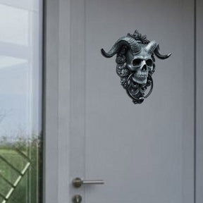 Horned skull knocker angled door view