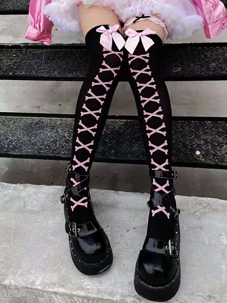 Skull Line Thigh Highs - Pink Bone Crosses - socks