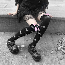 Skull Line Thigh Highs - Pink Skulls - socks