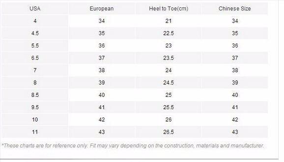 Supplier shoe-size chart relating EU sizes to heel-to-toe foot lengths, with additional regional size references.
