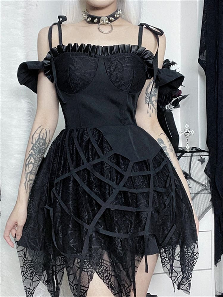 Black spider web dress off-shoulder front