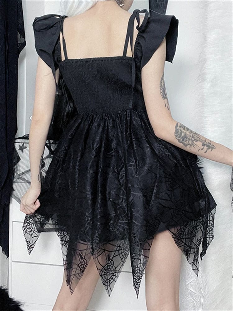 Black spider web dress rear with shoulder ruffles raised